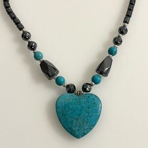 Turquoise and Hematite Natural Stone Heart Necklace